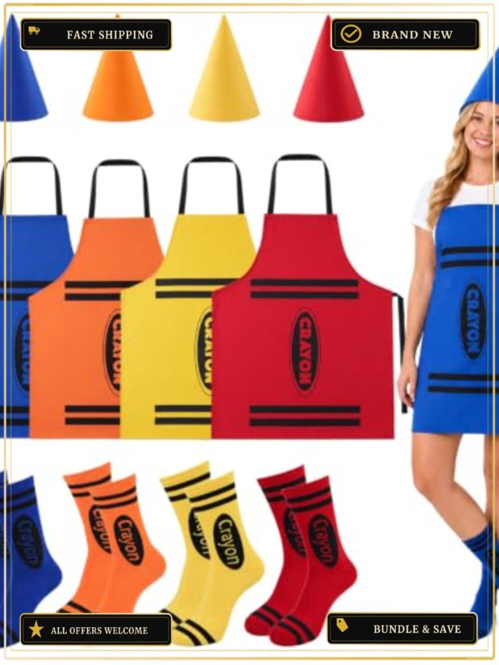 Crayon Costume Apron Set with Gnome Cone Hats and Crayon Socks